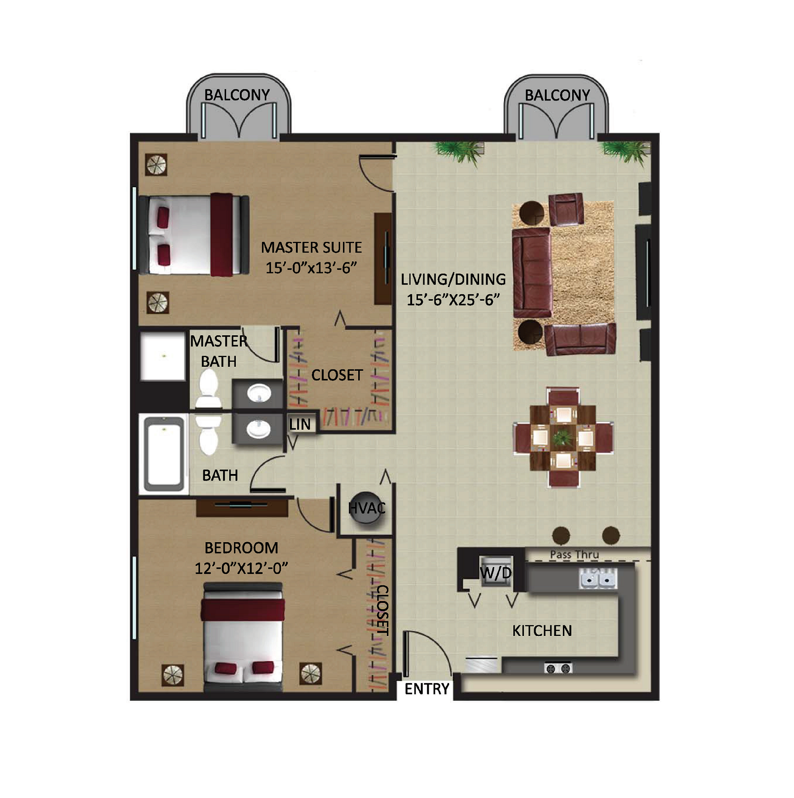 Floor plan for 2 beds, 2 baths, 1080 sqft